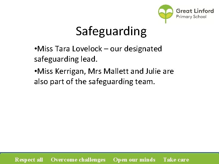 Safeguarding • Miss Tara Lovelock – our designated safeguarding lead. • Miss Kerrigan, Mrs