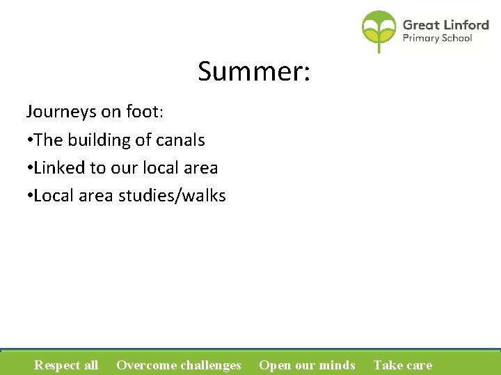 Summer: Journeys on foot: • The building of canals • Linked to our local