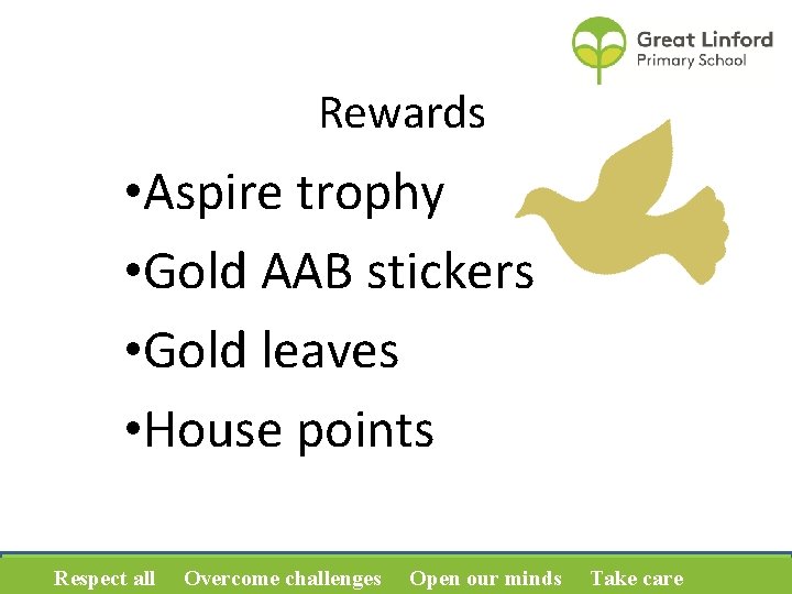 Rewards • Aspire trophy • Gold AAB stickers • Gold leaves • House points