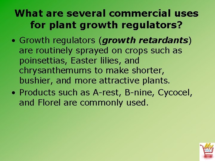 What are several commercial uses for plant growth regulators? • Growth regulators (growth retardants)