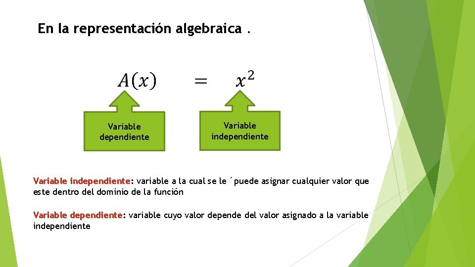 En la representación algebraica. Variable dependiente Variable independiente: independiente variable a la cual se