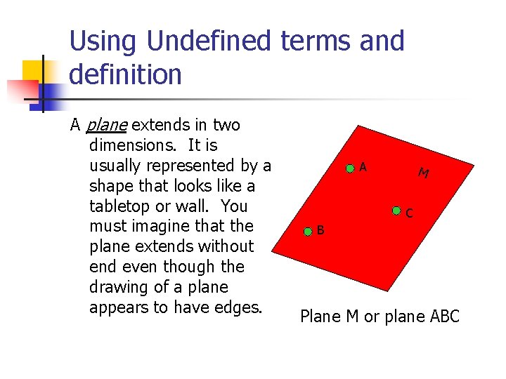 Using Undefined terms and definition A plane extends in two dimensions. It is usually