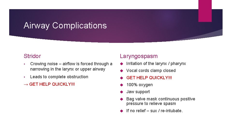 Airway Complications Stridor • • Laryngospasm Crowing noise – airflow is forced through a