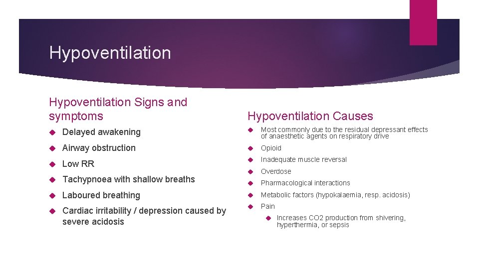 Hypoventilation Signs and symptoms Hypoventilation Causes Delayed awakening Most commonly due to the residual