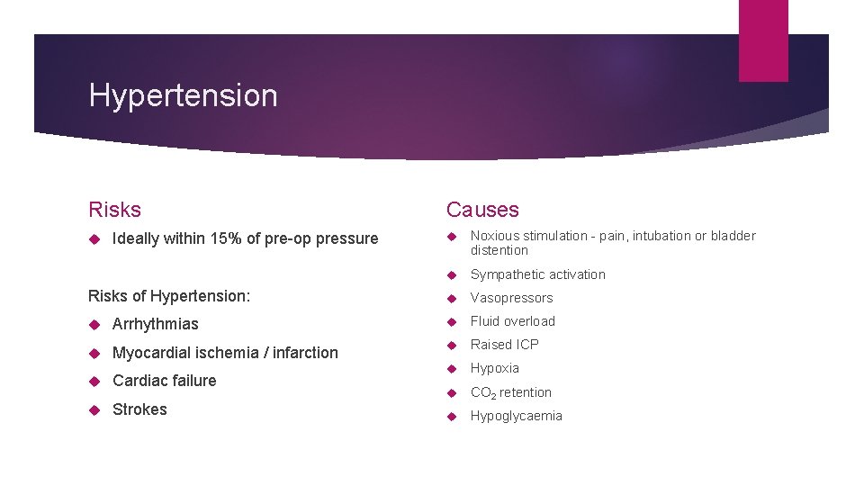 Hypertension Risks Ideally within 15% of pre-op pressure Risks of Hypertension: Causes Noxious stimulation