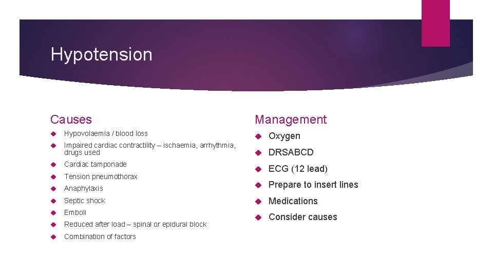 Hypotension Causes Management Hypovolaemia / blood loss Oxygen Impaired cardiac contractility – ischaemia, arrhythmia,