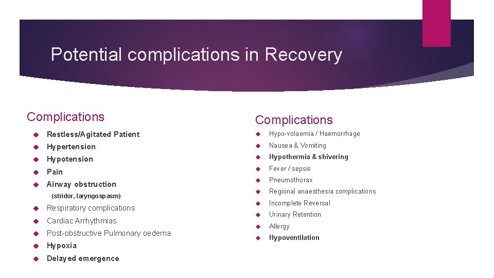 Potential complications in Recovery Complications Restless/Agitated Patient Hypo-volaemia / Haemorrhage Hypertension Nausea & Vomiting