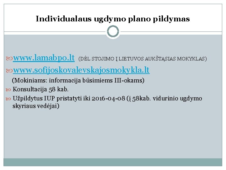 Individualaus ugdymo plano pildymas www. lamabpo. lt (DĖL STOJIMO Į LIETUVOS AUKŠTĄSIAS MOKYKLAS) www.