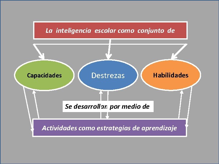 La inteligencia escolar como conjunto de Capacidades Destrezas Habilidades Se desarrollan por medio de