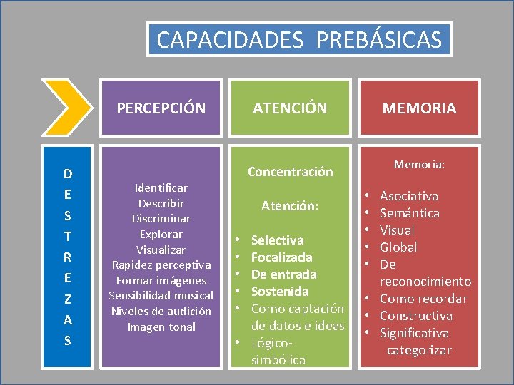 CAPACIDADES PREBÁSICAS PERCEPCIÓN D E S T R E Z A S Identificar Describir