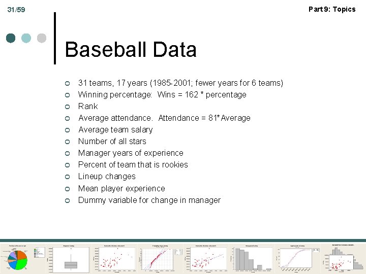 Part 9: Topics 31/59 Baseball Data ¢ ¢ ¢ 31 teams, 17 years (1985