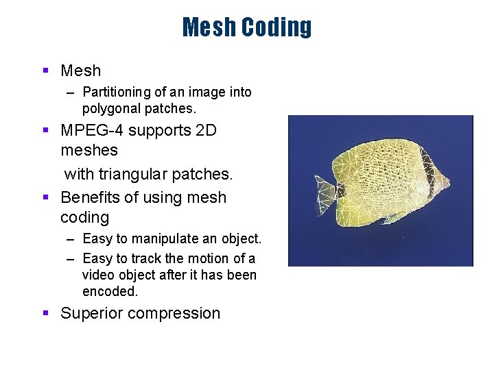 Mesh Coding § Mesh – Partitioning of an image into polygonal patches. § MPEG-4
