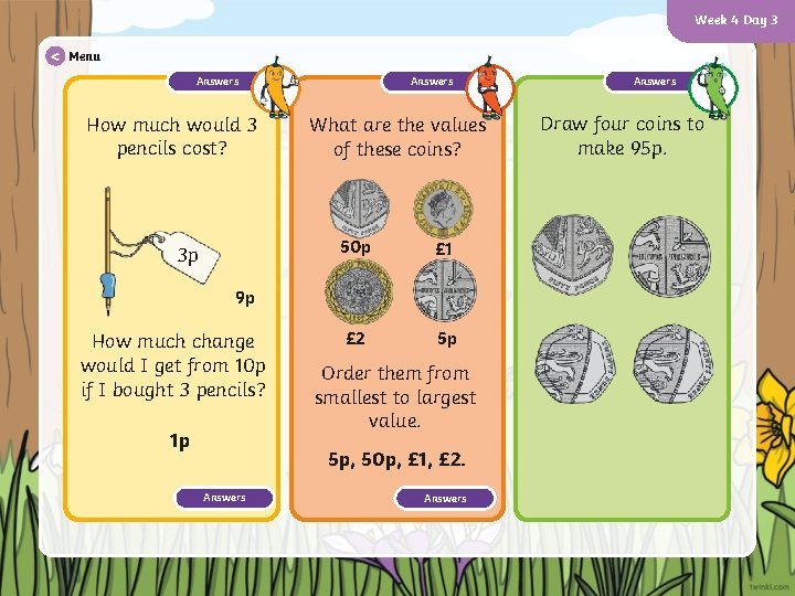 Week 4 Day 3 < Menu Answers How much would 3 pencils cost? 3