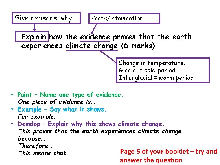 Give reasons why Facts/information Explain how the evidence proves that the earth experiences climate