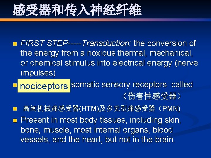 感受器和传入神经纤维 n n FIRST STEP-----Transduction: the conversion of the energy from a noxious thermal,