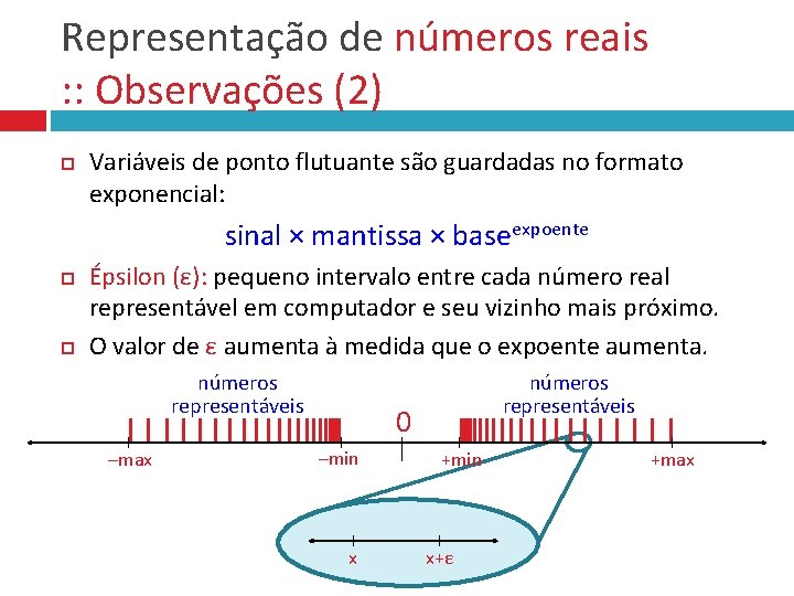 Representação de números reais : : Observações (2) Variáveis de ponto flutuante são guardadas