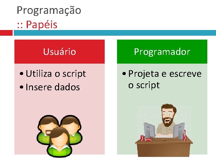 Programação : : Papéis Usuário • Utiliza o script • Insere dados Programador •