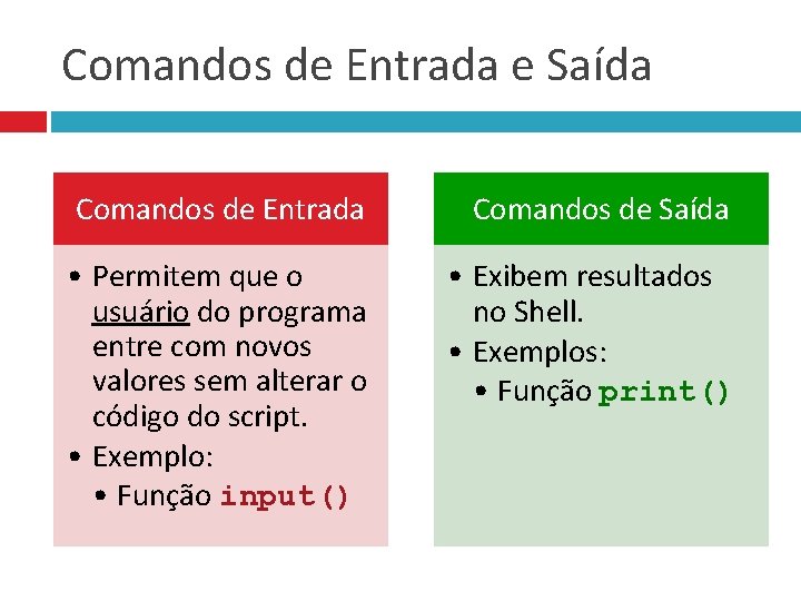 Comandos de Entrada e Saída Comandos de Entrada Comandos de Saída • Permitem que