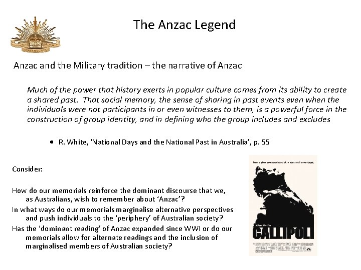 The Anzac Legend Anzac and the Military tradition – the narrative of Anzac Much