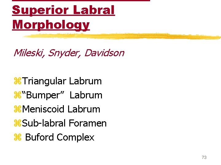 Superior Labral Morphology Mileski, Snyder, Davidson z. Triangular Labrum z“Bumper” Labrum z. Meniscoid Labrum