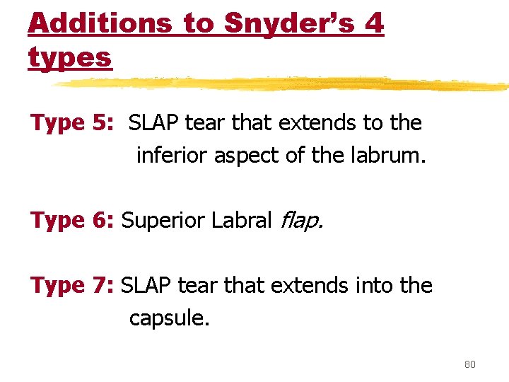 Additions to Snyder’s 4 types Type 5: SLAP tear that extends to the inferior