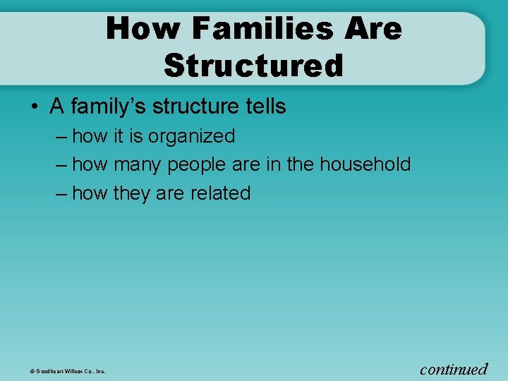 How Families Are Structured • A family’s structure tells – how it is organized