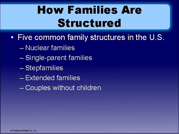 How Families Are Structured • Five common family structures in the U. S. –