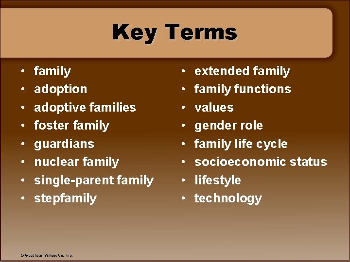 Key Terms • • family adoption adoptive families foster family guardians nuclear family single-parent