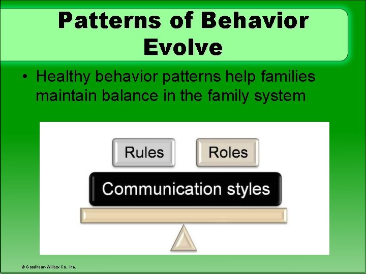 Patterns of Behavior Evolve • Healthy behavior patterns help families maintain balance in the