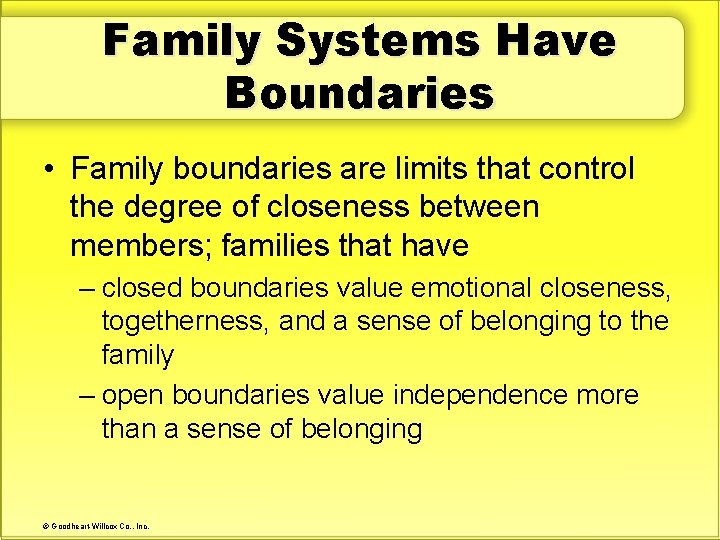 Family Systems Have Boundaries • Family boundaries are limits that control the degree of