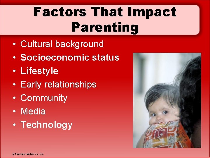 Factors That Impact Parenting • • Cultural background Socioeconomic status Lifestyle Early relationships Community