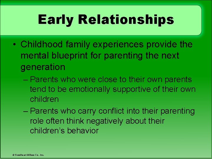 Early Relationships • Childhood family experiences provide the mental blueprint for parenting the next