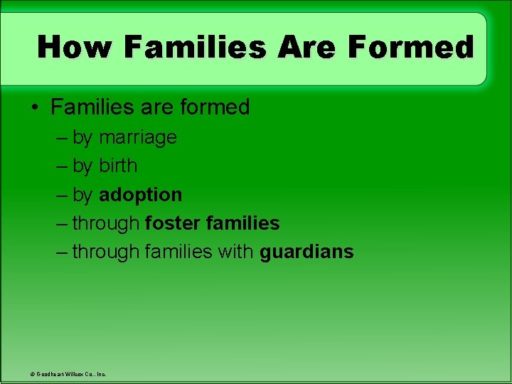 How Families Are Formed • Families are formed – by marriage – by birth