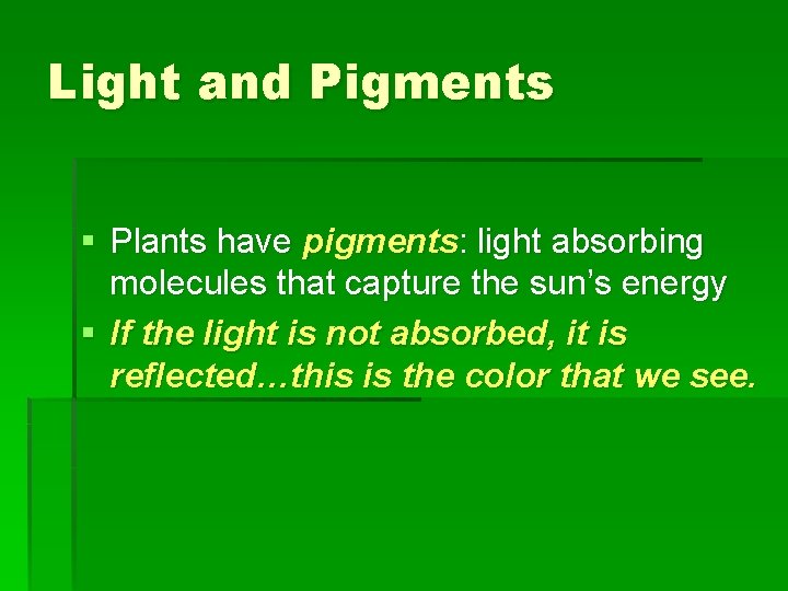 Light and Pigments § Plants have pigments: light absorbing molecules that capture the sun’s