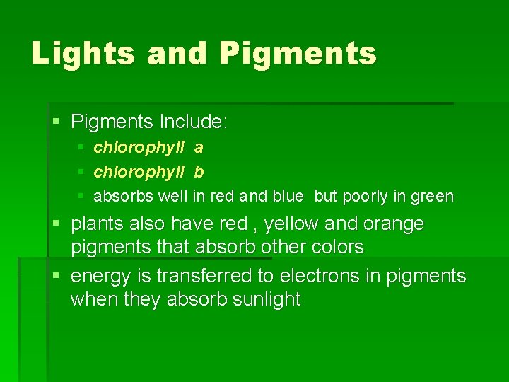 Lights and Pigments § Pigments Include: § chlorophyll a § chlorophyll b § absorbs