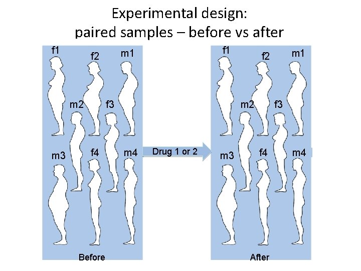 Experimental design: paired samples – before vs after f 1 m 2 m 3