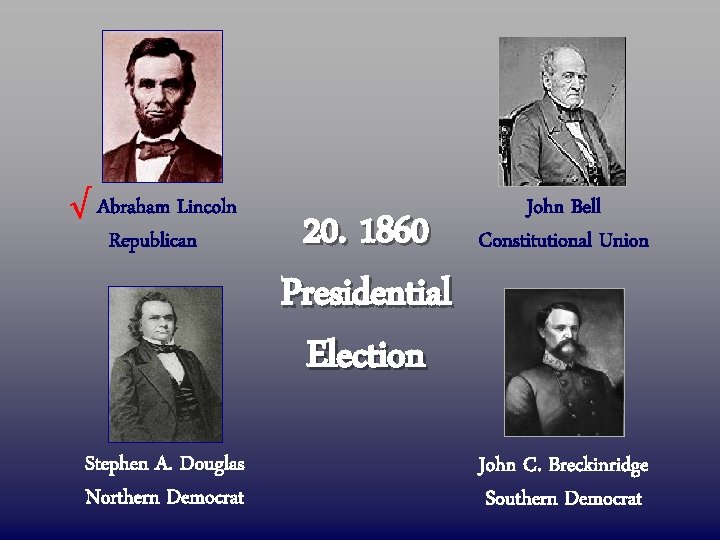 √ Abraham Lincoln Republican Stephen A. Douglas Northern Democrat 20. 1860 Presidential Election John