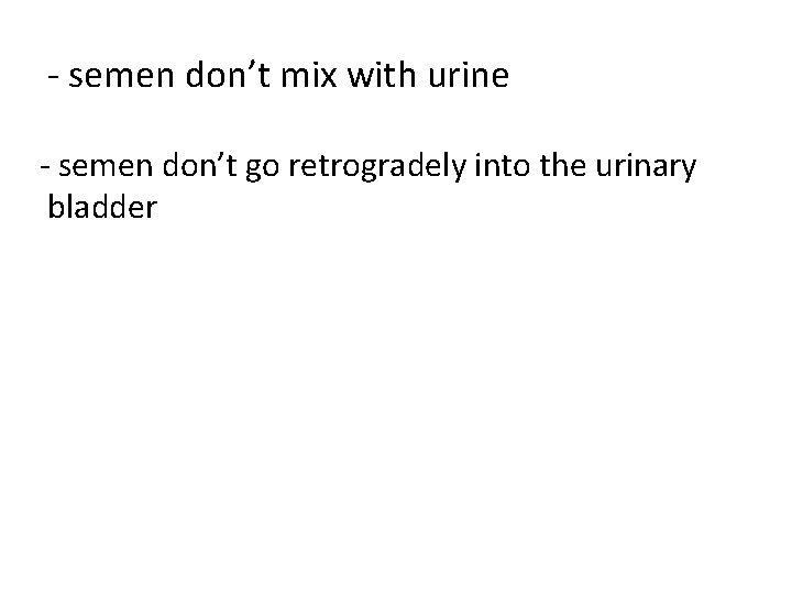 - semen don’t mix with urine - semen don’t go retrogradely into the urinary - semen don’t mix with urine - semen don’t go retrogradely into the urinary