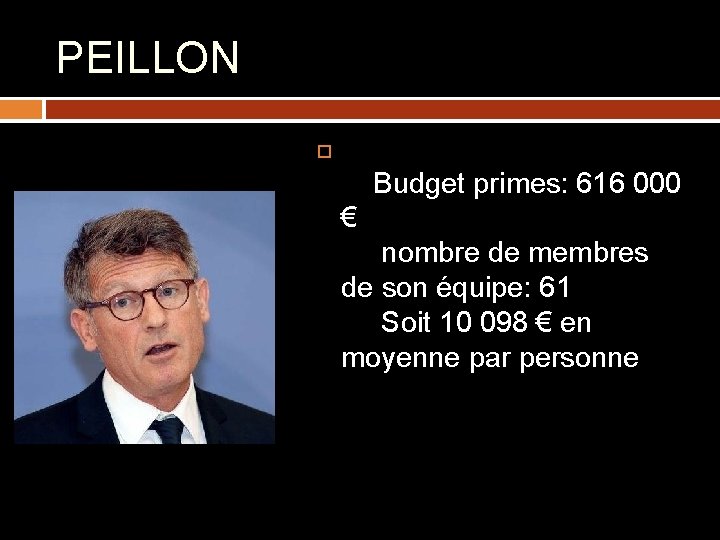 PEILLON Budget primes: 616 000 € nombre de membres de son équipe: 61 Soit