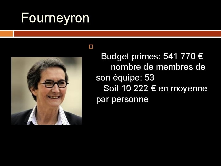 Fourneyron Budget primes: 541 770 € nombre de membres de son équipe: 53 Soit
