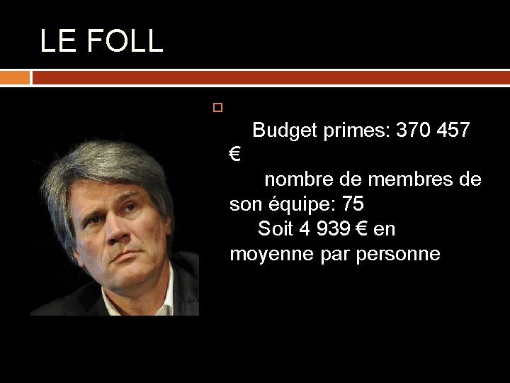 LE FOLL Budget primes: 370 457 € nombre de membres de son équipe: 75