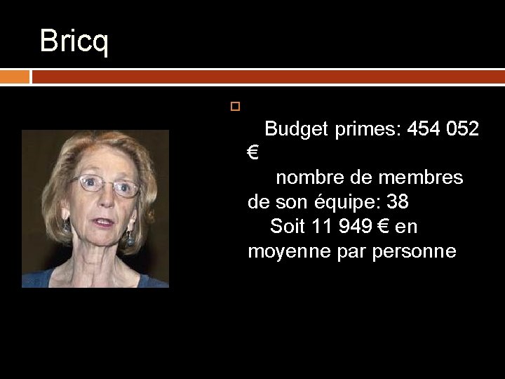 Bricq Budget primes: 454 052 € nombre de membres de son équipe: 38 Soit