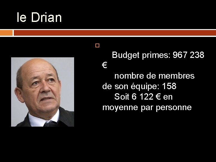 le Drian Budget primes: 967 238 € nombre de membres de son équipe: 158