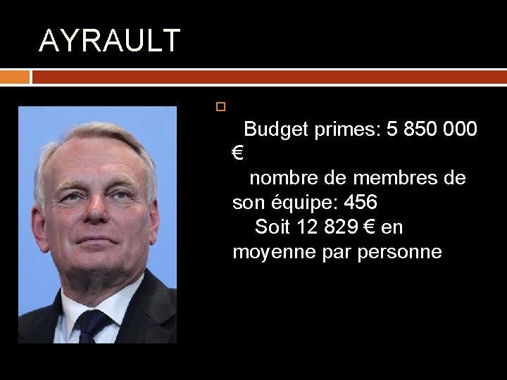 AYRAULT Budget primes: 5 850 000 € nombre de membres de son équipe: 456