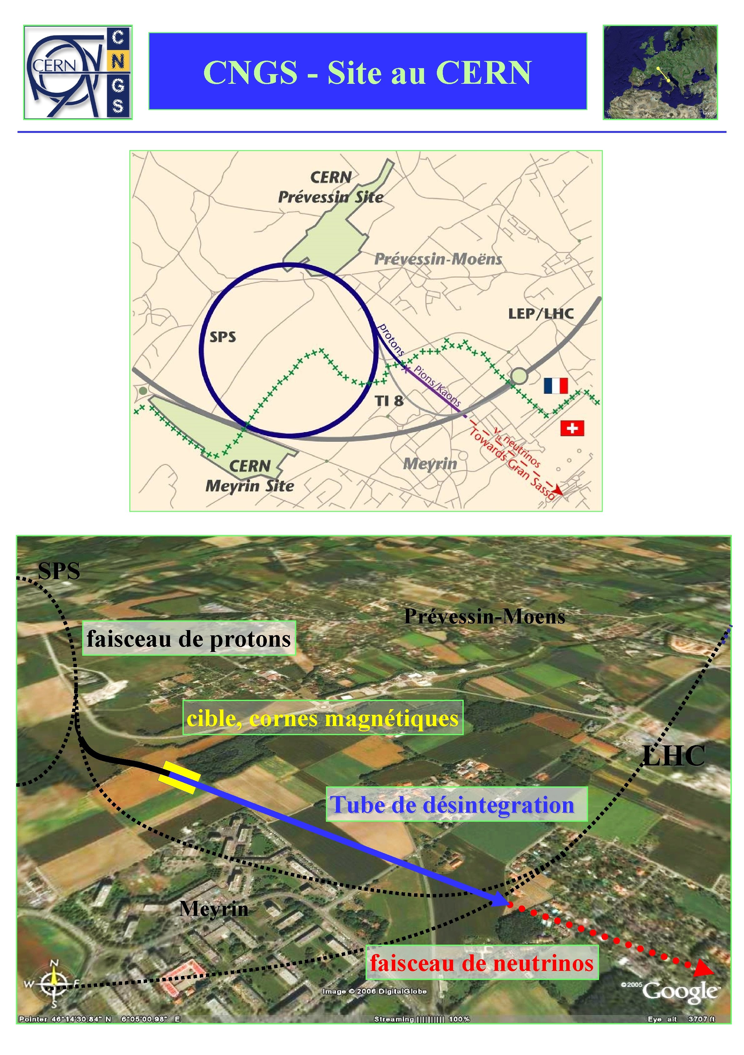 CNGS - Site au CERN SPS faisceau de protons Prévessin-Moens cible, cornes magnétiques LHC