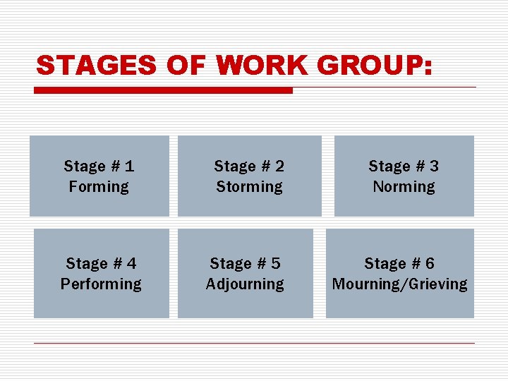 STAGES OF WORK GROUP: Stage # 1 Forming Stage # 2 Storming Stage #