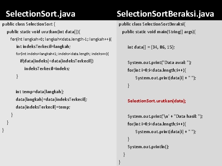 Selection. Sort. java public class Selection. Sort { Selection. Sort. Beraksi. java public class