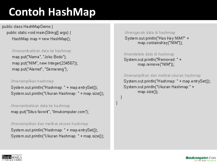 Contoh Hash. Map public class Hash. Map. Demo { //mengecek data di hashmap System.