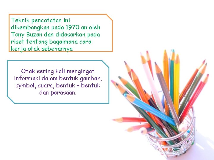 Teknik pencatatan ini dikembangkan pada 1970 an oleh Tony Buzan didasarkan pada riset tentang