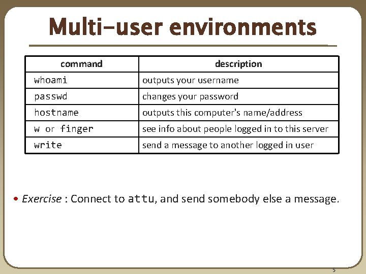 Multi-user environments command description whoami outputs your username passwd changes your password hostname outputs Multi-user environments command description whoami outputs your username passwd changes your password hostname outputs